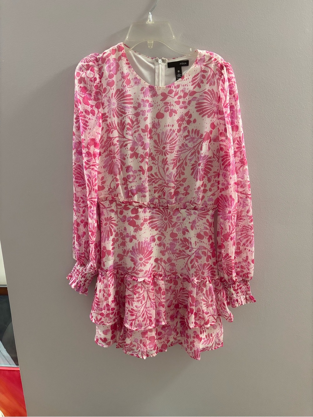 Aqua Pink and White Floral Long-Sleeve Mini Dress